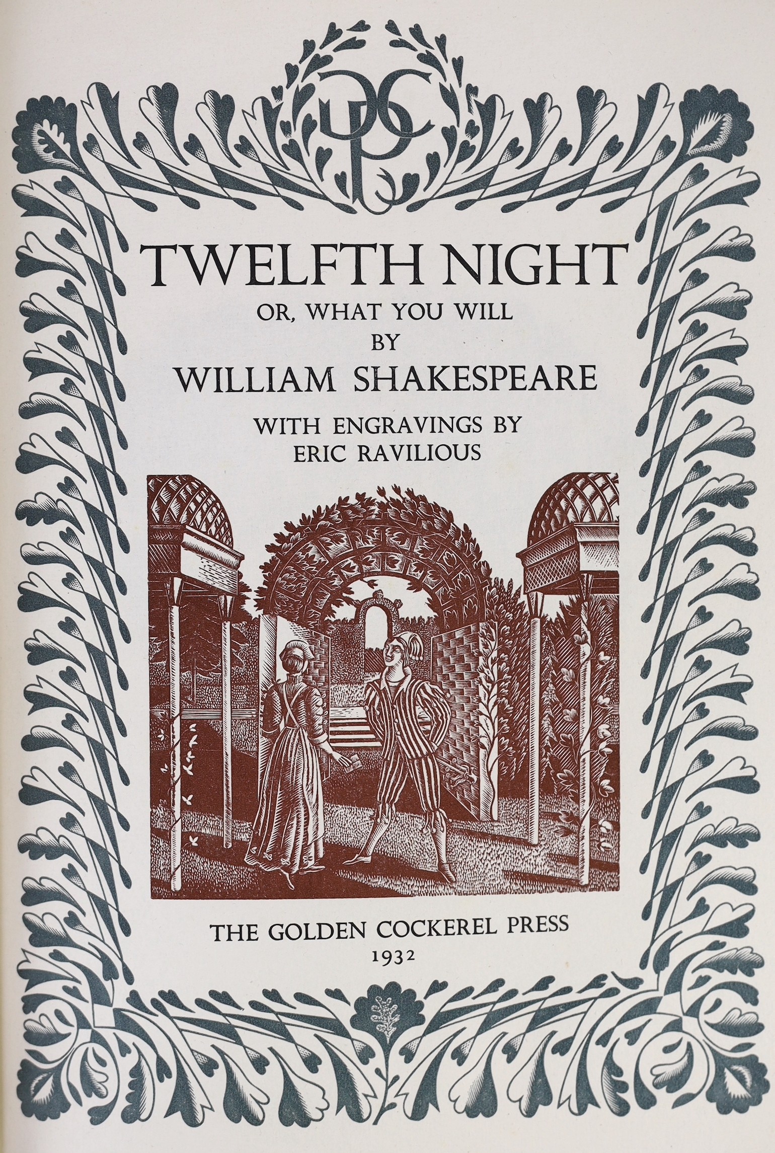 Golden Cockerel Press - Shakespeare, William - Twelfth Night, number 87 of 275, illustrated with 30 wood-engravings, including title, by Eric Ravilious, 4to, half brown morocco by Sangorski and Sutcliffe, bookplate of Wi